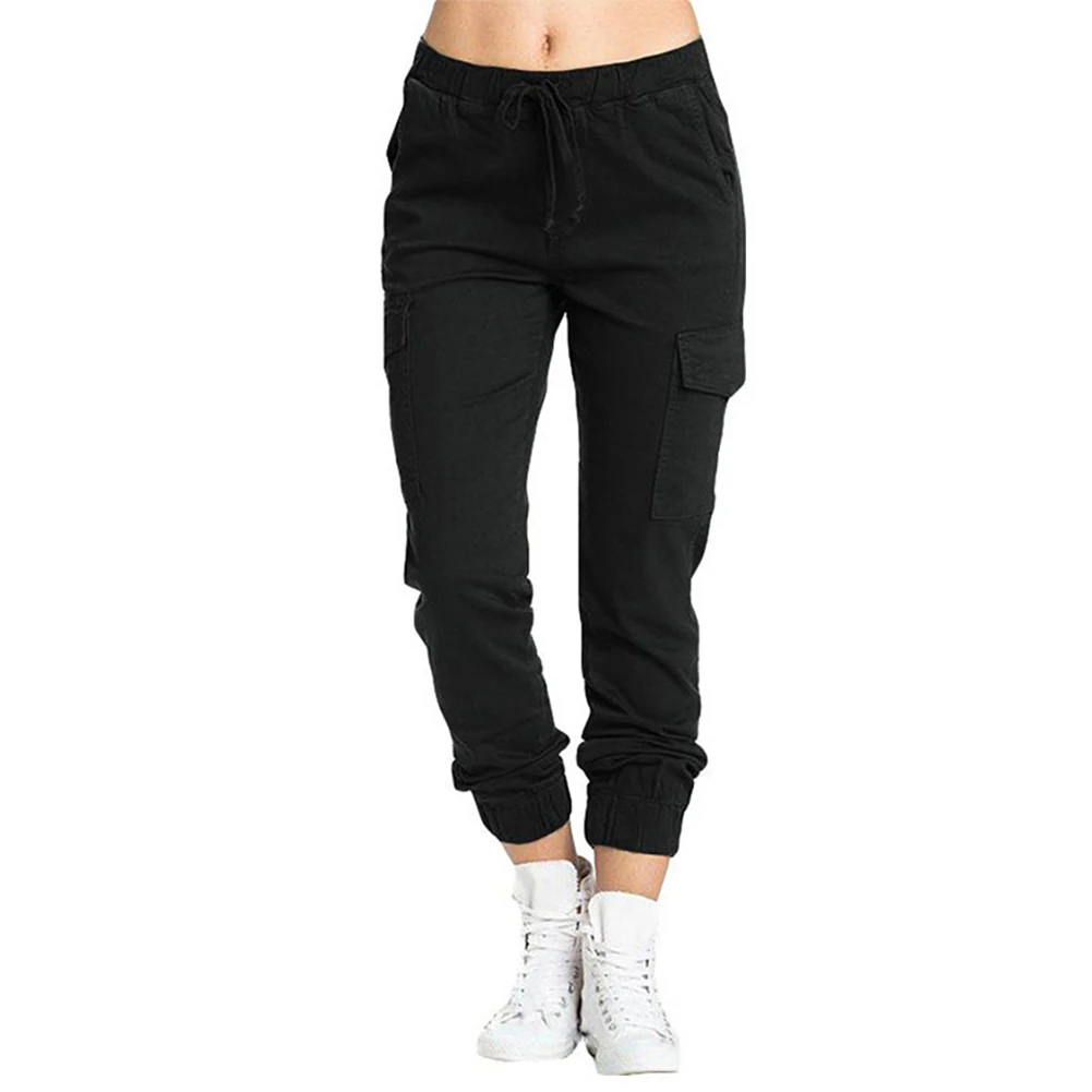 

New Women Cargo Loose Fit Drawstring Pant Pockets Simple Jogge Gym Workout Sweatpants Trousers Middle Rise Solid Female Pants