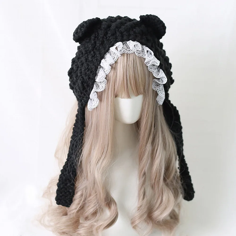 

Fashion Cartoon Knitted Cat Ear Hat Ear Protection Casual Crochet Wool Hat With Bow Cute Photo Props Cap for Women
