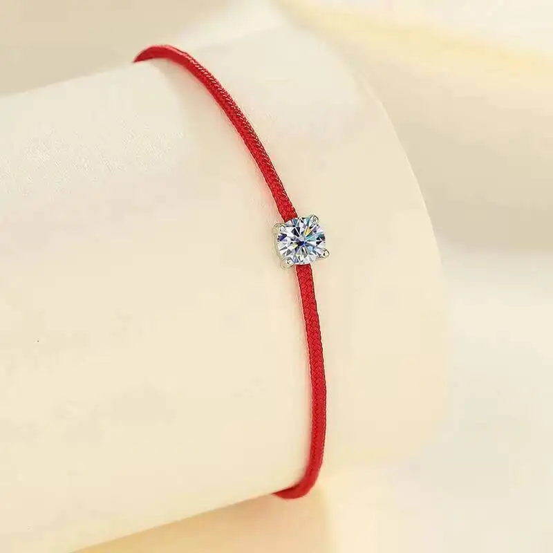 Adjustable Red Rope Single Round Stone Bracelet Four Prong Multi Color D VVS1 Moissanite Lucky Minimalist Gift Fine Jewelry