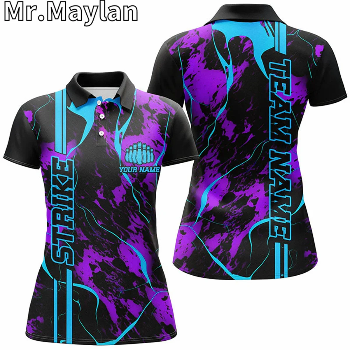 3D Custom Name Blue Purple Strike Bowling Sports Polo Shirt For Women Camo Bowling Team Jerseys Outfits Gifts For Bowling Lovers