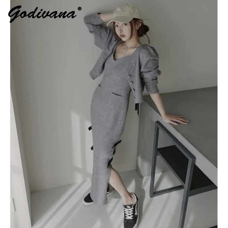 Japanese Style New Autumn Sweet Bow Decorative Slim-fitting Knitted Strap Long Dress + Long-sleeved Short Cardigan 2 Piece Set