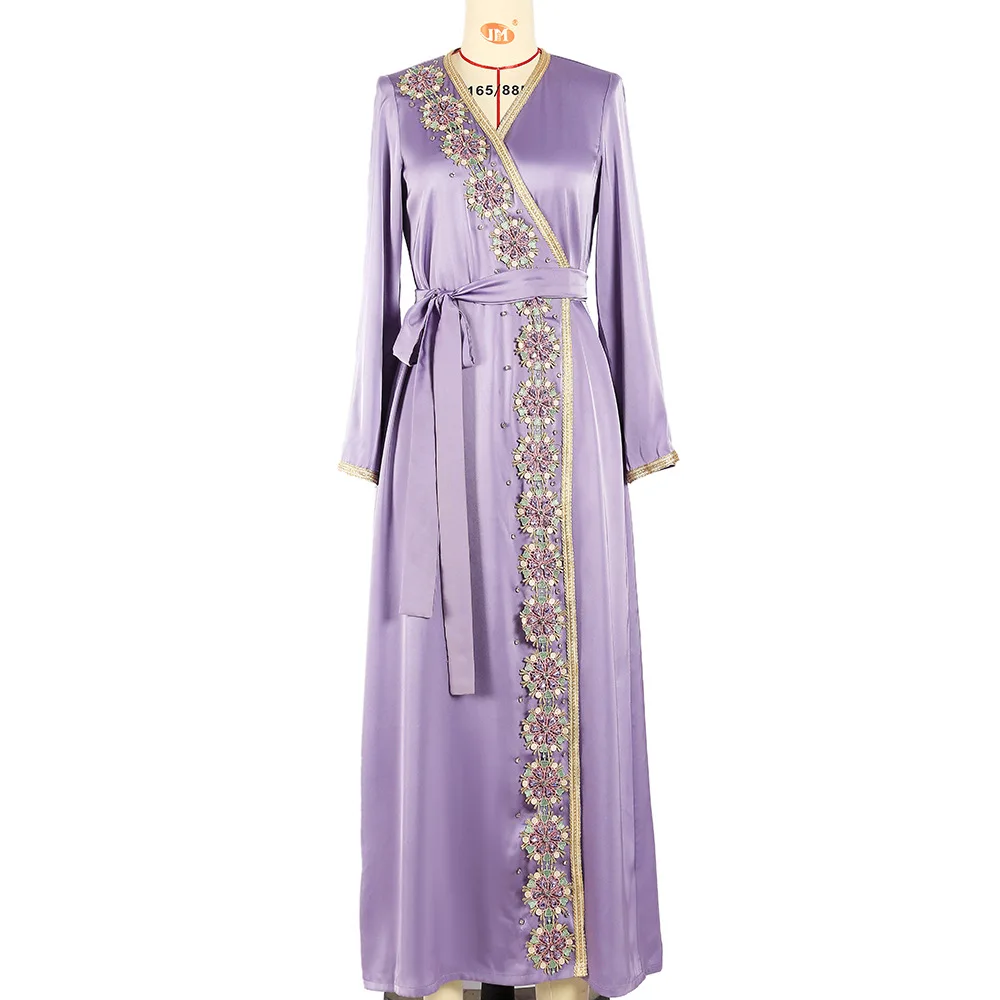 Eid Ramadan Muslim Open Abaya Women Elegant Kaftan Islamic Long Dresses Purple Hand-stitched Diamond Maxi Evening Luxury Robe