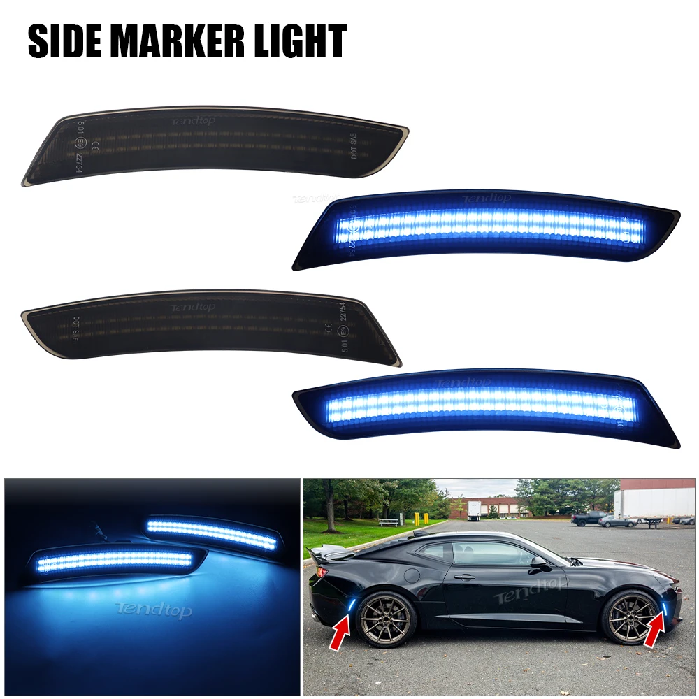 Smoked Lens Blue LED Front Rear Side Marker Lamp For Chevrolet Chevy Camaro 2016 2017 2018 2019 2020 2021 2022 2023