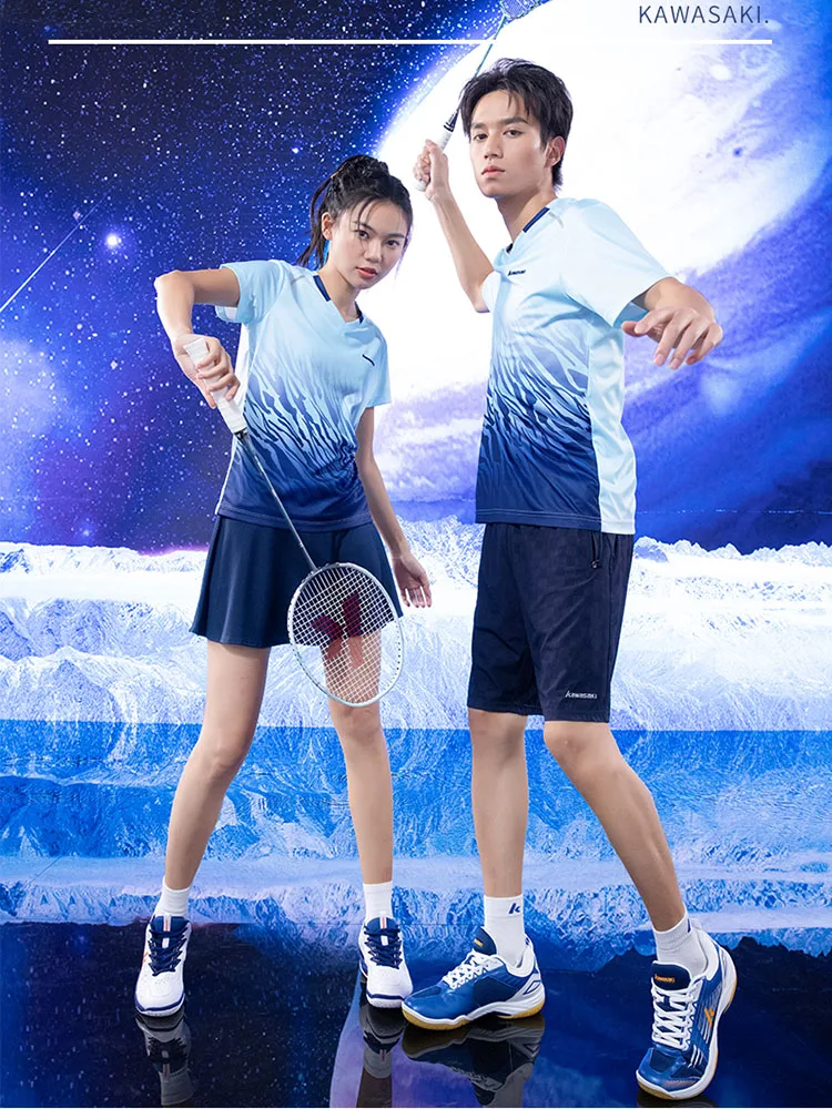Kawasaki Original Women Men Couple Badminton Clothing Short Sleeve V-neck Badminton Shirt Table Tennis Clothes A1942 A2942