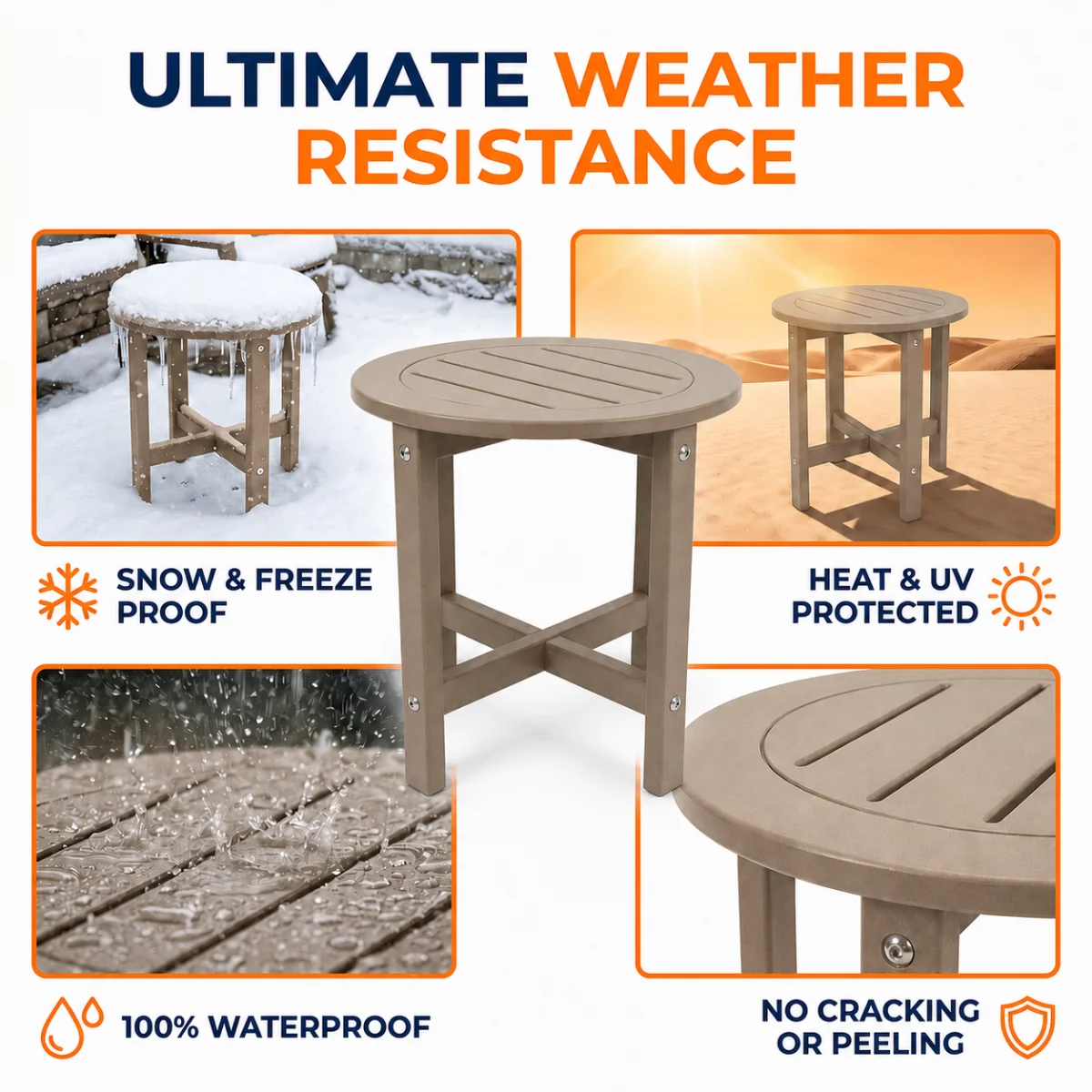 Antique Brown HDPE Outdoor Side Table, Small All-Weather Patio End Table, 15.94 in.L x 15.94 in.W x 17.71 in.H    RR
