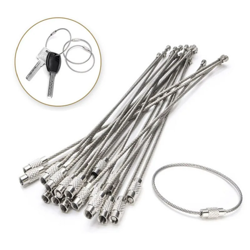 200Pcs Stainless Steel Wire Keychain Ring Key Keyring Circle Rope Cable Loop Outdoor Camp Luggage Tag Screw Lock Gadget