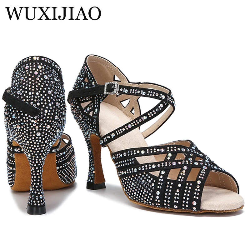 WUXIJIAO New women\'s dance shoes rhinestone black red green sequin latin party wedding ballroom dance shoes