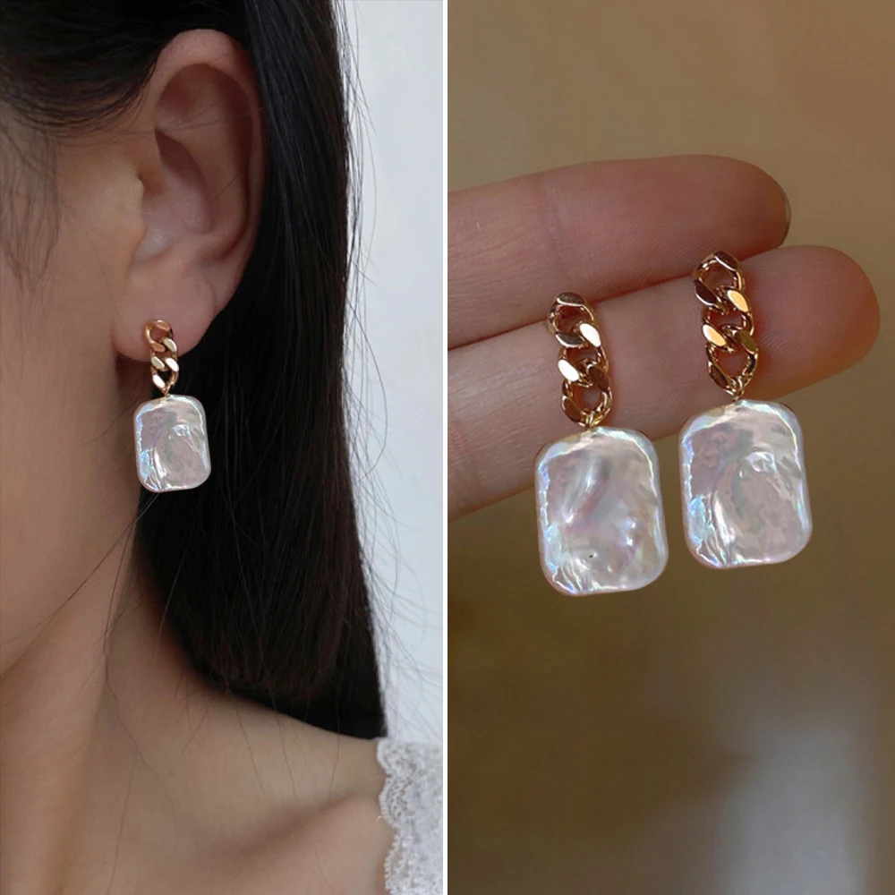 

New Arrival Fashion Square Baroque Freshwater Pearl 14K Gold Filled Female Tassels Stud Earrings Original Jewelry For Women