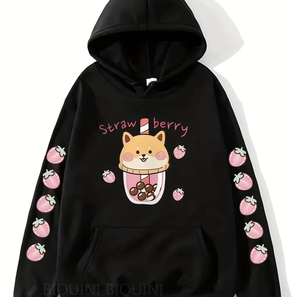 

Новая модная мужская толстовка с капюшоном и принтом в виде клубничного молока, весенне-осенняя, повседневная, универсальная