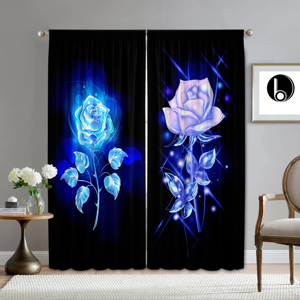 2PC Curtains, Blue, Purple, Yellow, Two Roses With Rod Pocket Curtains, Suitable For Kitchen, Coffee Shop, LivingRoom, Balcony,