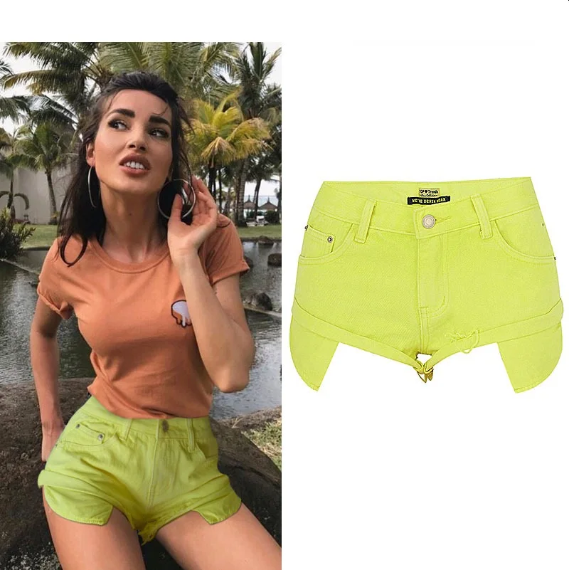 

New Styledenim Shorts For Womenwomen's Sexy Denim Shorts Fluorescent Yellow Leisure Holiday Loose Elastic Free Curled Open Pocke