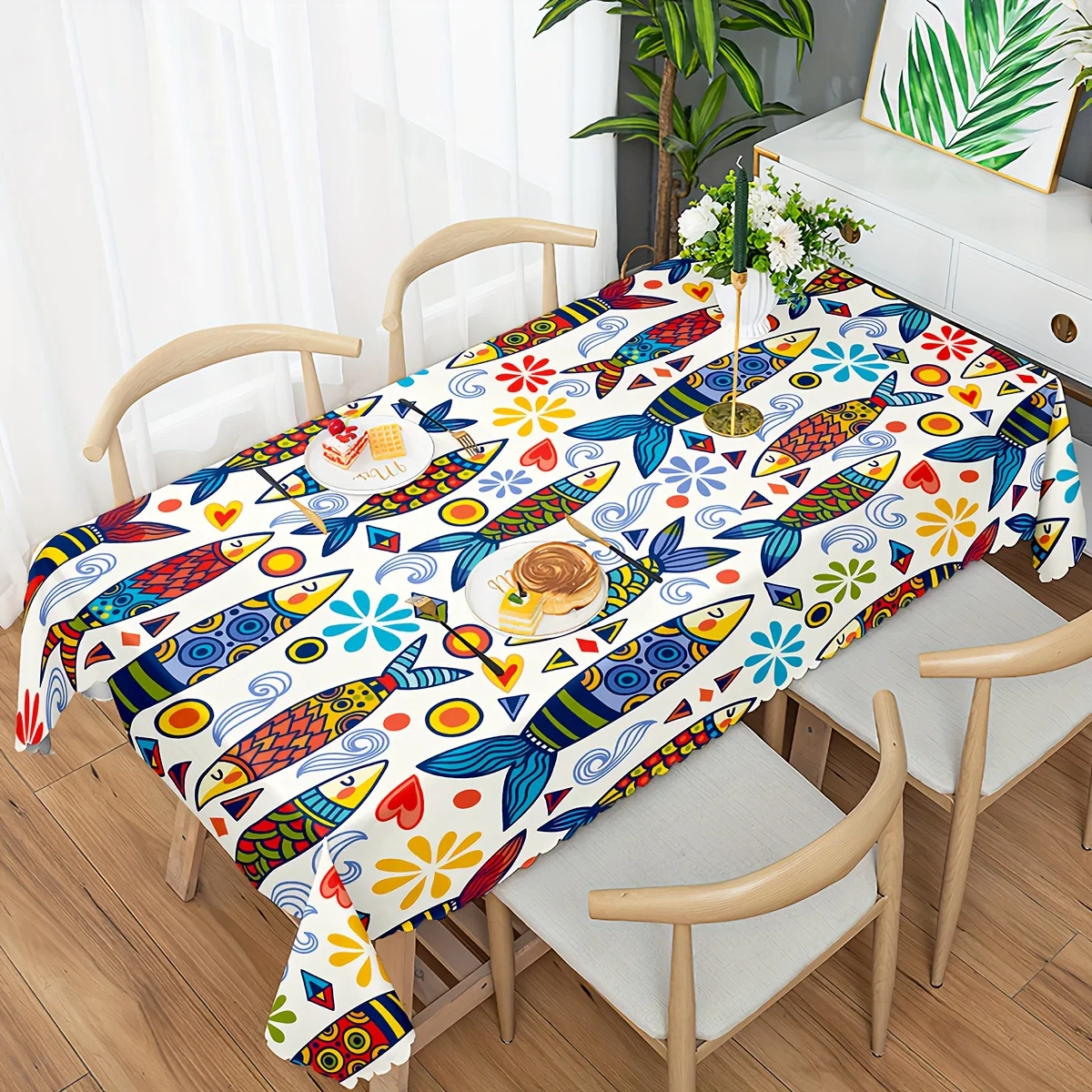 Embossed Edge Colorful Fish Pattern Print Home Kitchen Dustproof Rectangular Tablecloth Outdoor Picnic Party Decoration