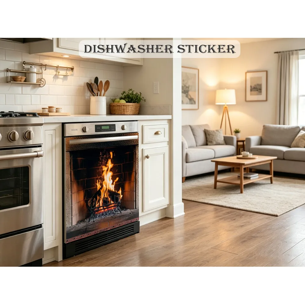 Fireplace Visual Dishwasher Door Sticker Washing Machine Appliance Skin for Kitchen Cabinets Wardrobe Door Aesthetics Decor