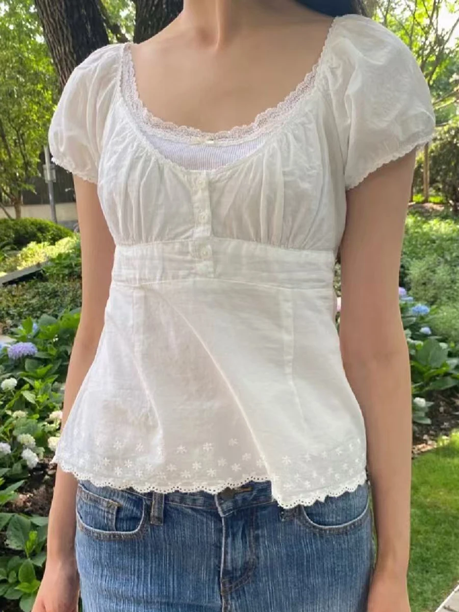 

White Floral Embroidery T-shirt Blouse Women Buttons Square Collar Cotton Puff Sleeve Tees Summer Solid Vintage Sweet Shirts Y2k