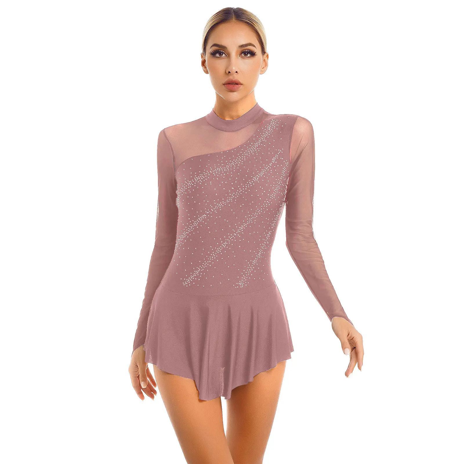 Womens Ballet Lyric Long Sleeved Dance Dress Water Diamond Figure Skating Dress Costume Open Back Gymnastics Tight Fitting Dress