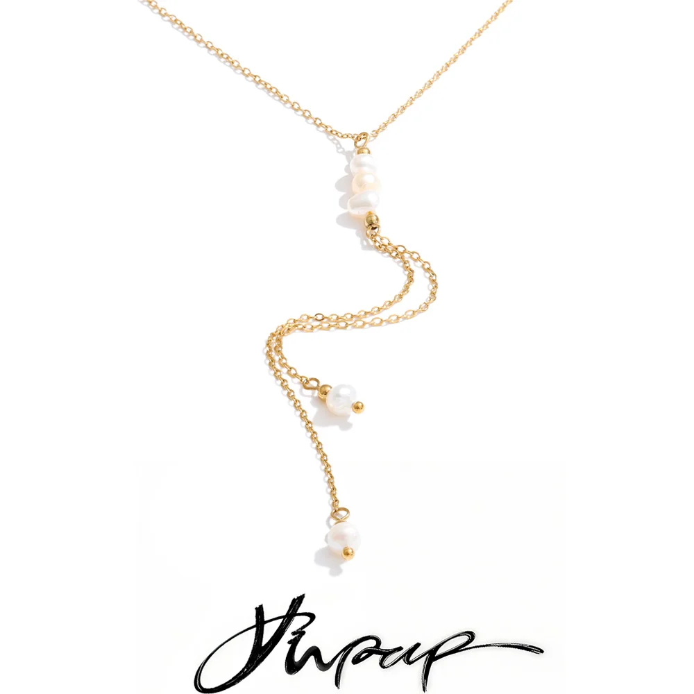 Yhpup Edelstahl Natürliche Perlen Y-Kette Quasten-Halskette Wasserfester Modeschmuck 16K Gold & Platin PVD-Beschichtet