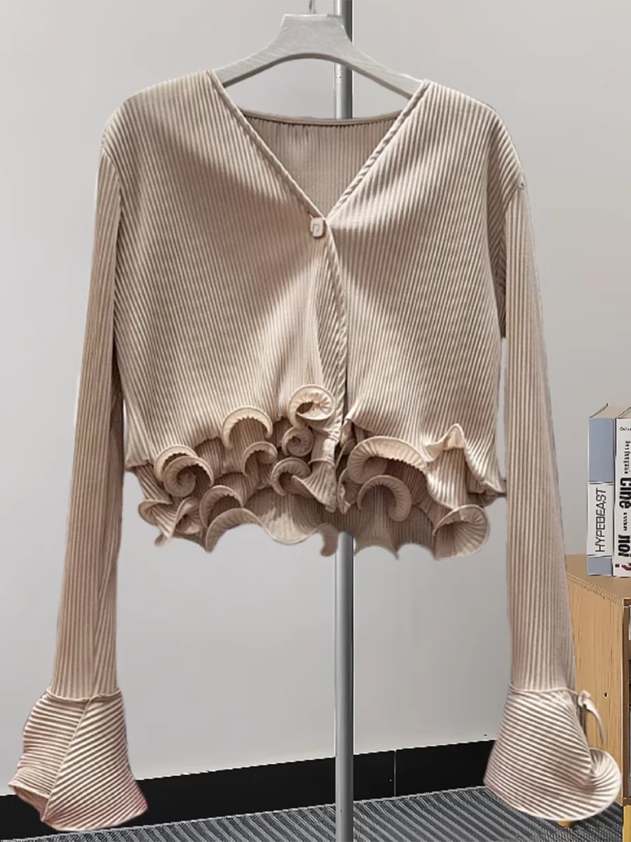 TWOTWINSTYLE Solid Spliced Ruffles Slimming Blouses For Women V Neck Long Sleeve Temperament Shirts Female Fashion Style Clothes