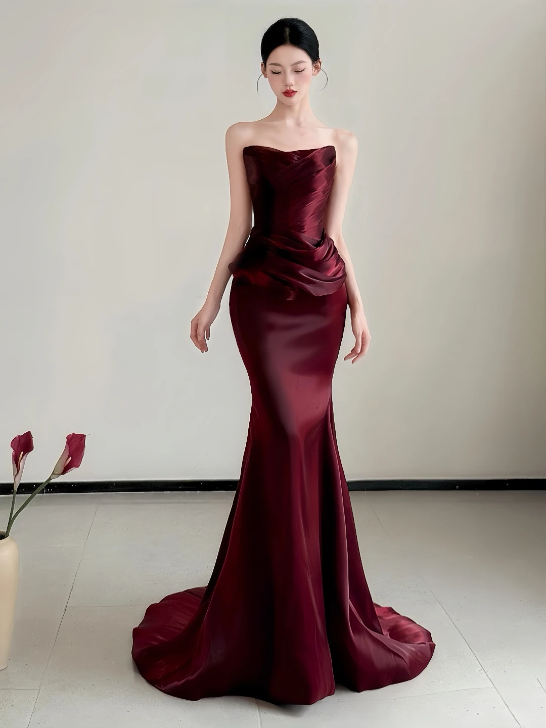 

High-end Red Rose Cocktail Dresses Strapless Sleeveless Pleated Mermaid Host Floor Length Wedding Formal Evening Party Prom Gown