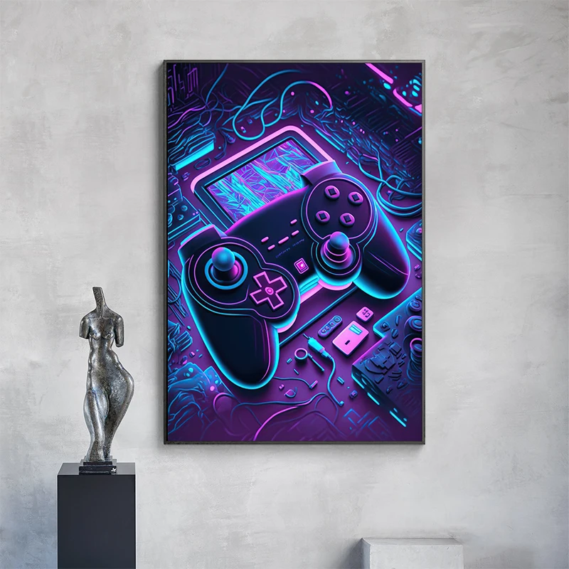 Neon Game Gamer Gaming Poster Modern Canvas Painting Wall Art Pictures Decoration Kawaii Room Decor Play Game Poster Gift No LED