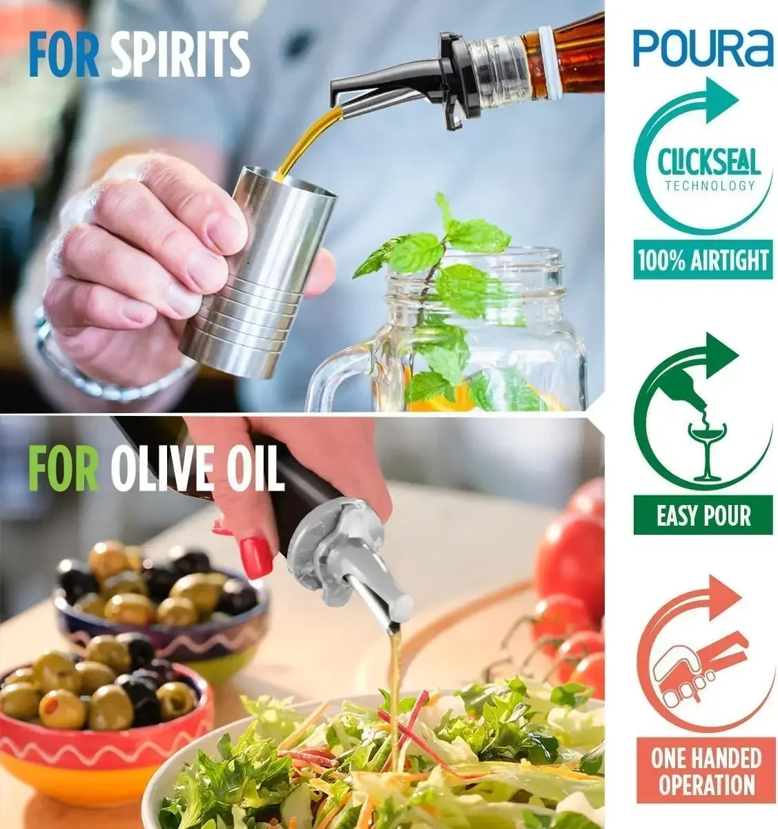 24 Vertedores de Botellas de Licor - Boquillas de Vertido Rápido para Alcohol con Sistema ClickSeal Higiénico - Evita Derrames, Aptos para Lavavajillas También para aceite de oliva, Jui