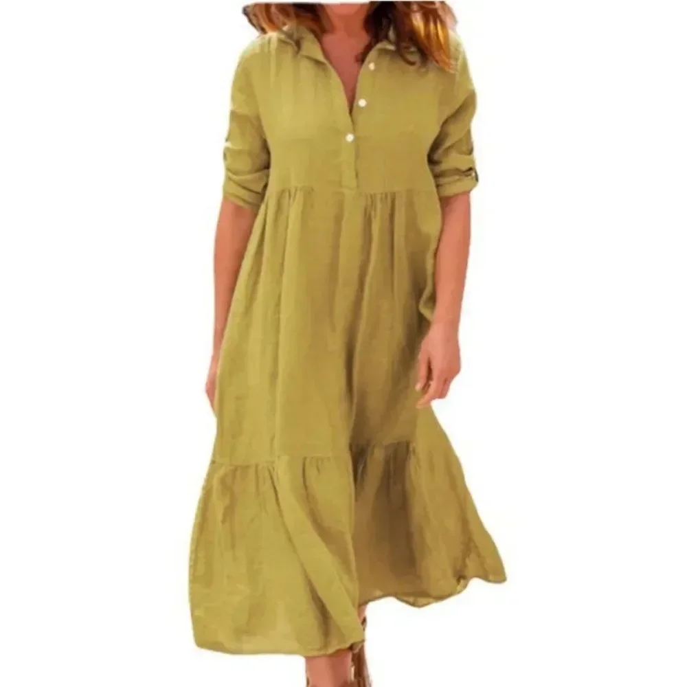 Spring/Summer Women\'s s-5XL Plus Size Elegant Loose Cotton Dress with Flip Collar Twist Button Half Sleeve Solid Color Casual