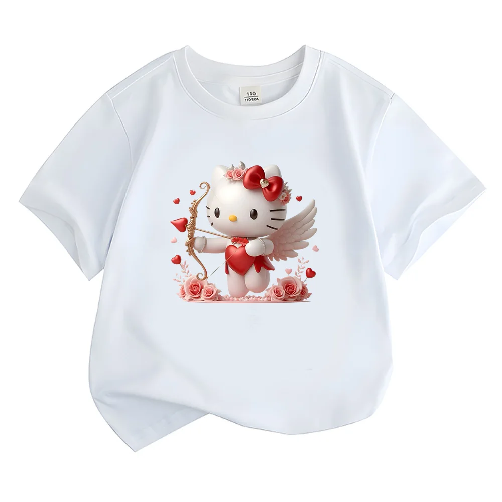 Hello Kitty Arrow of Love T-shirts Sweet Girls Cotton Tshirts for Spring Summer  New Creative Clothing Children Short Sleeve Tee