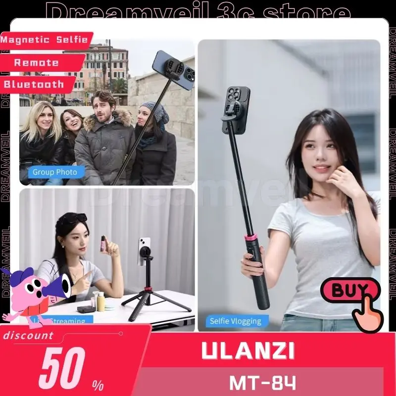 Ulanzi MT-84 1.53M Magnetic Selfie Stick Tripod Bluetooth Wireless Remote Phone Extension Tri Phone Live Streaming Vlog Custom