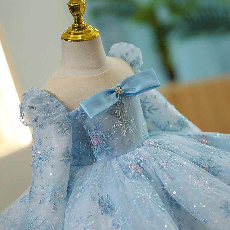 Children Eid Holidays Elegant Girls Blue Dress Birthday Party Evening Ball Gowns Formal Kids Luxury Pageant Gala Short Dresses