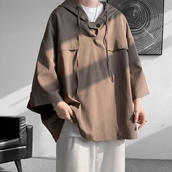 Summer Hooded T shirt Men Korean Half Sleeve Pullover Streetwear Loose T-shirt Tops Drawstring Men Clothing