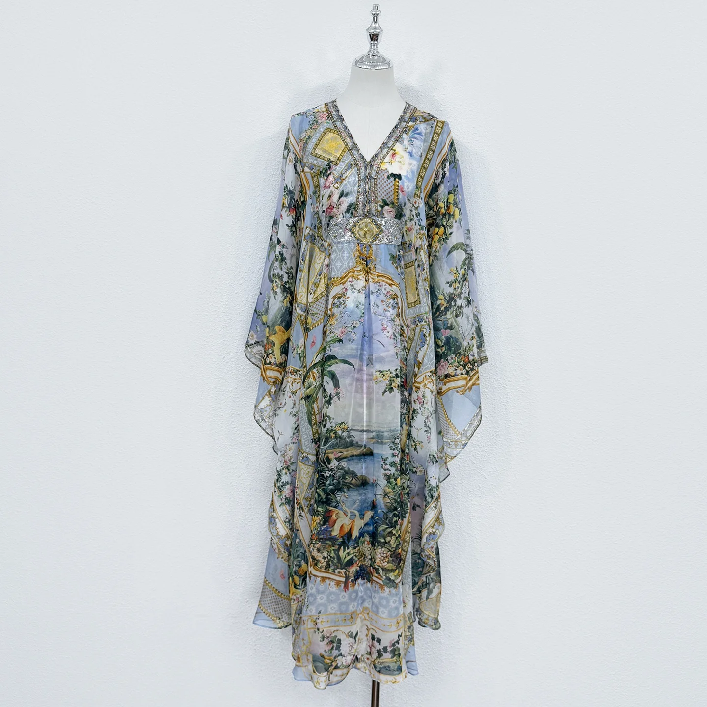 Spring Fashion Party Resort Vintage Pattern Print Silk Floor-Length Dress Women's V-Neck Diamond Flare Sleeve High Waist Dresses