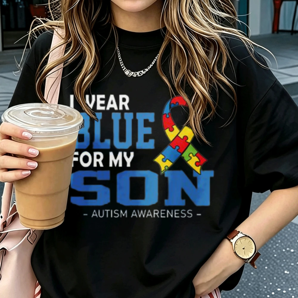 I Wear Blue for My Son Autism Awareness Graphic T‑Shirt Cotton Puzzle Ribbon Autistic Support Family Love Casual Streetwear Tops