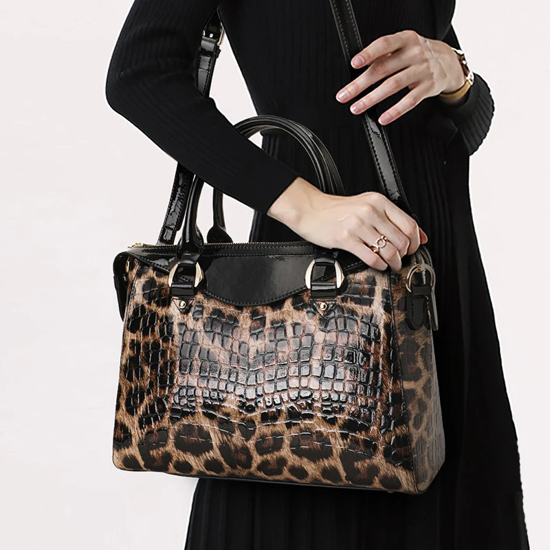 Aidrani   Leopard print women\'s handbag, high-quality cowhide portable high-capacity briefcase