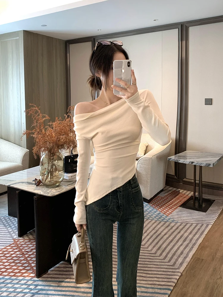 

Футболка Long Sve, вязаный топ с колючками для женщин, повседневный облегающий трикотаж на осень-зиму, модный трикотаж с наклонным воротником по бокам