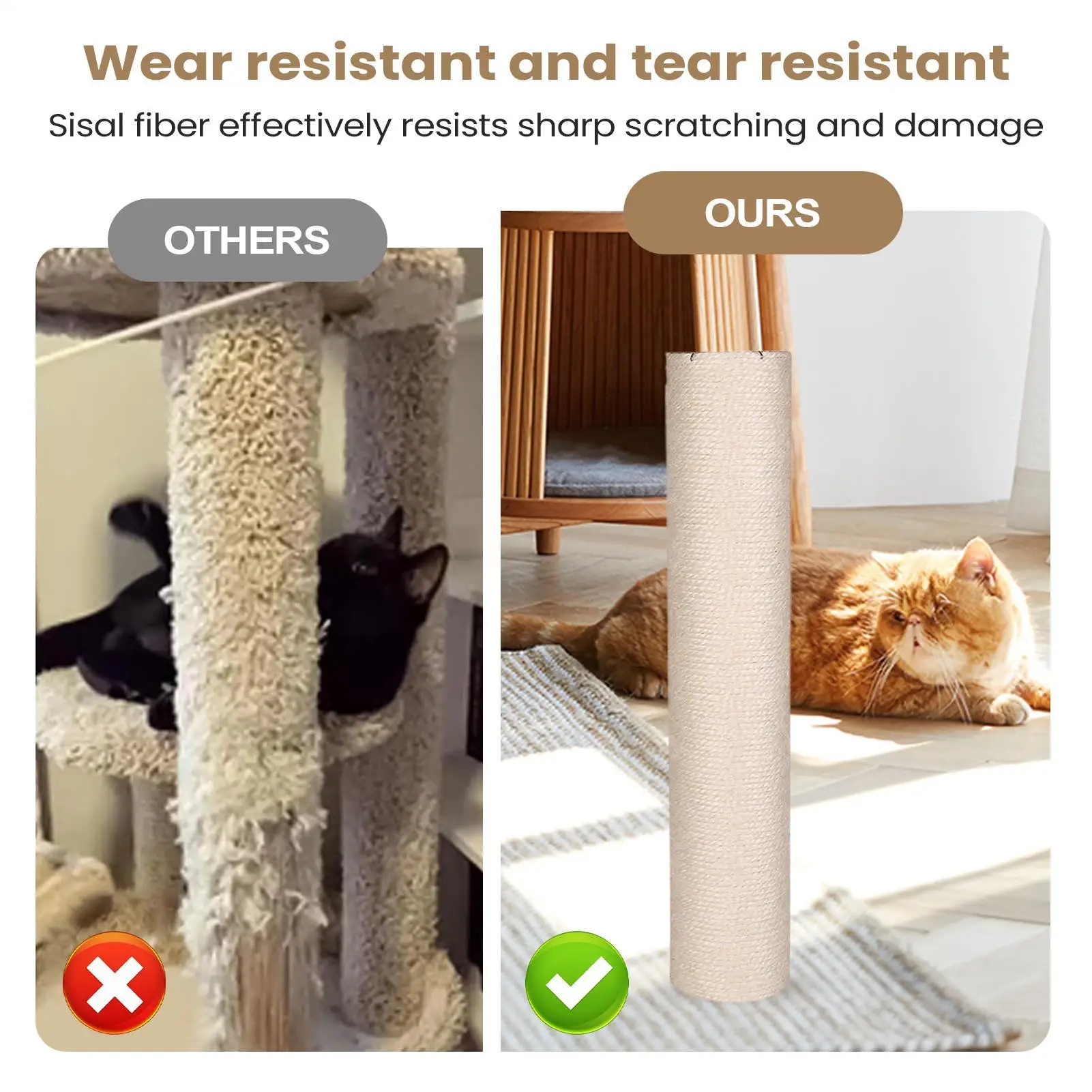 Cat Scratching Post Sisal Scratching Post 8MM Screw Holes Nail Filing Toy for Medium Large Breed Kitten Puppy Relaxation