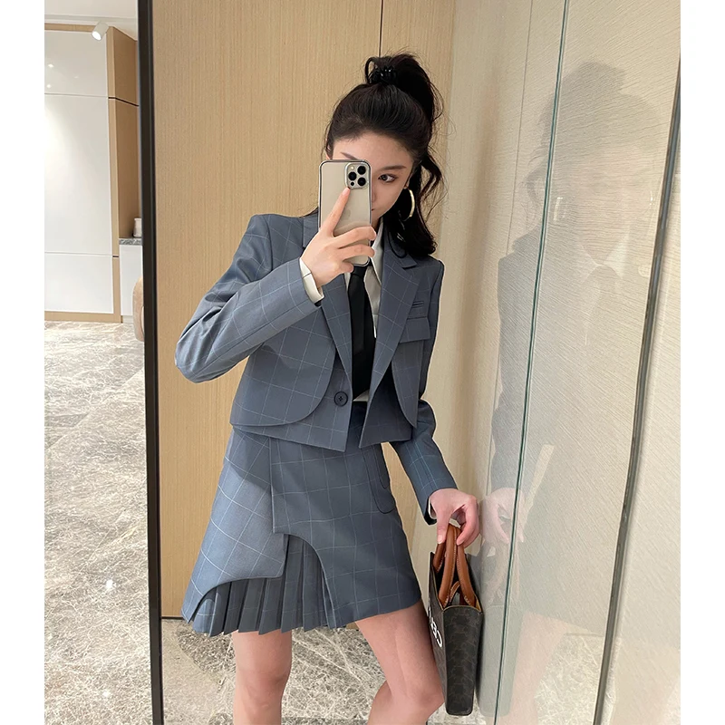 

Костюм Nancycavally: Премиальная шерстяная юбка-китель с двойным слоем и асимметричным дизайном в клетку для молодых женщин