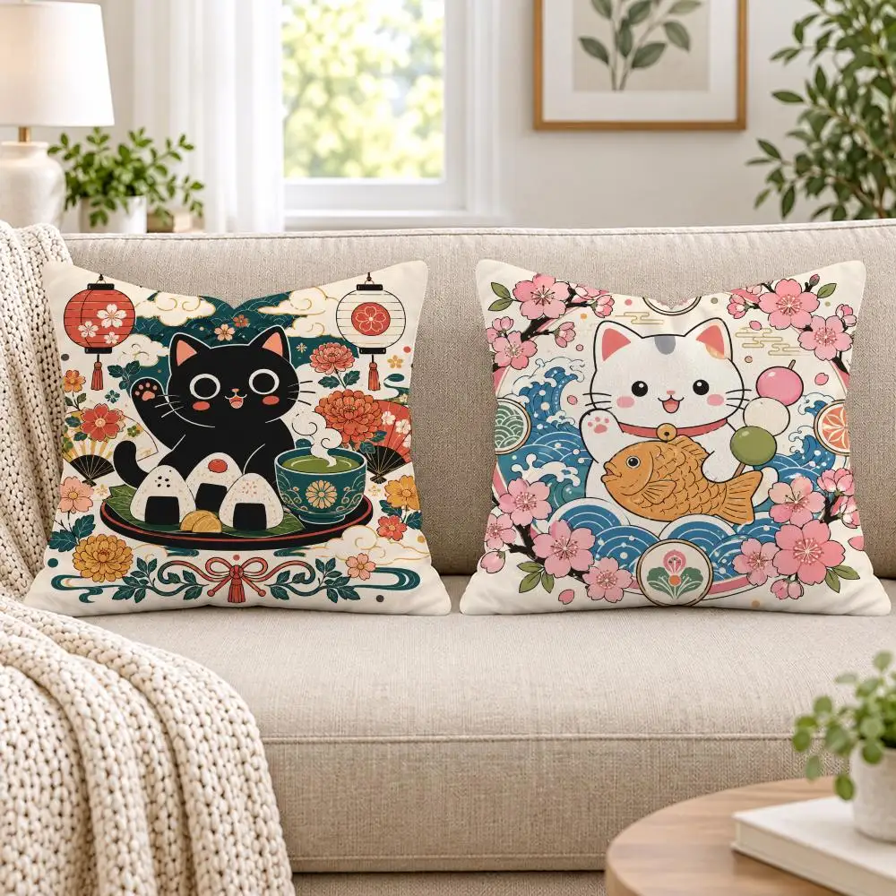 Kawaii Black Cat Ramen Noodles Cushion Cover Soft Short Plush Pillow Cases Hidden Zipper Cutecore Sofa Bedroom Home Decor Gift