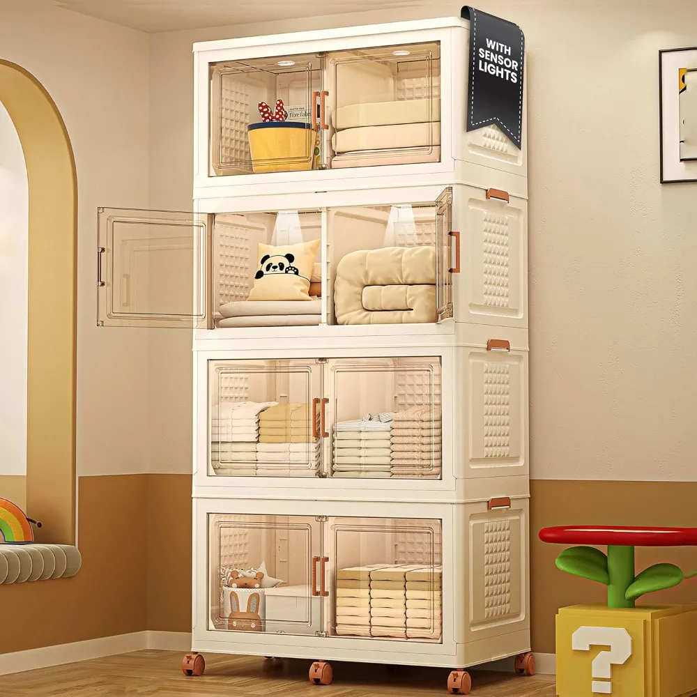 

Extra Large Stackable Storage Bins with Lids, 188Gal Foldable Storage Bins with Doors and Wheels, Collapsible Closet Organizers