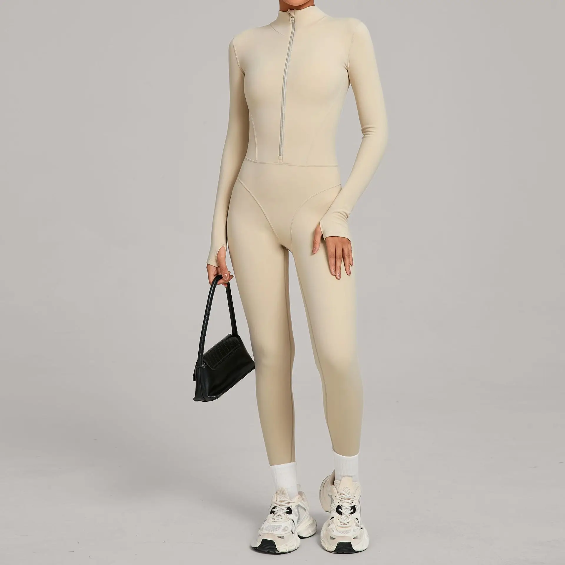 Autumn Winter Stand up Collar Half Zipper Velvet Long Sleeves Yoga Set jumpsuit Women Outdoor Warm jumpsuit Running Fitness suit