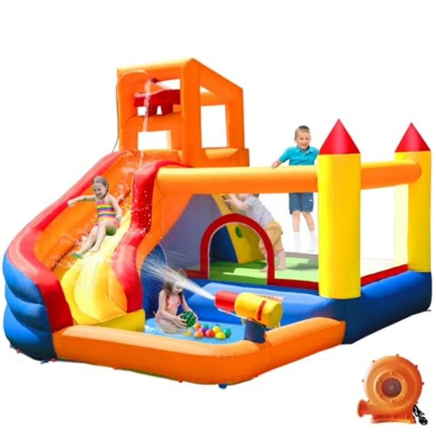 Inflatable Water Slide Bounce House for with Pool, PVC Blue Yellow, 5-in-1 Indoor/Outdoor Blow Up Play Center with Blower Inclu