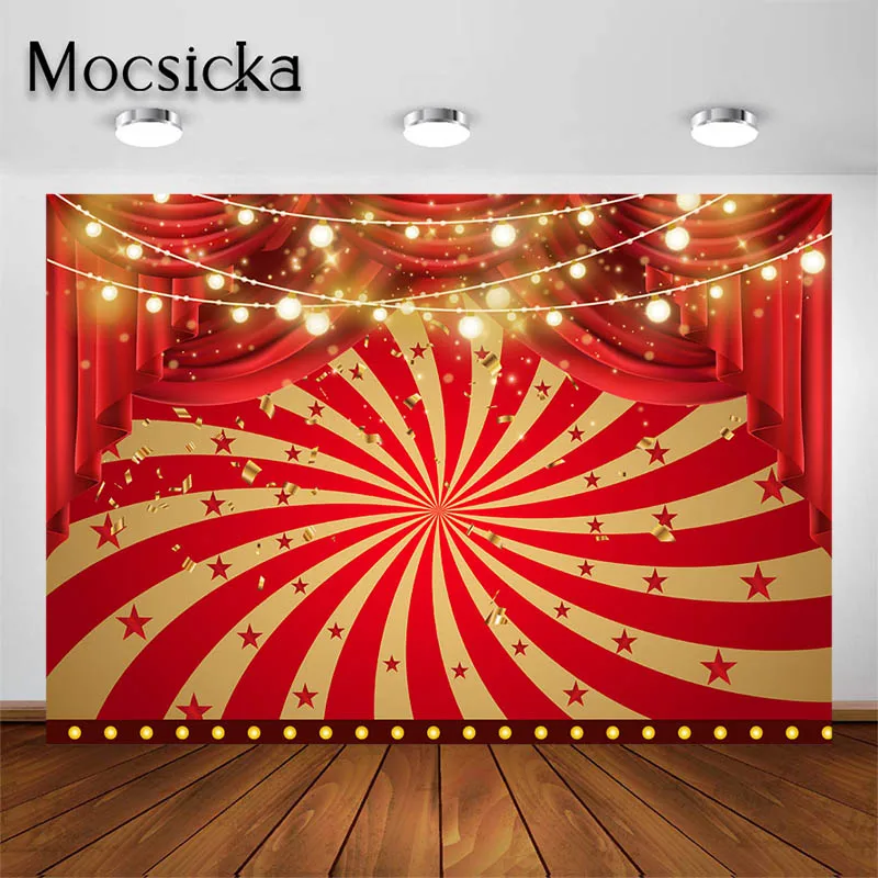 Mocsicka Circus Backdrop Red Golden Celebration Party Background Kids Adults Portrait Photo Studio Props Party Decoration Banner