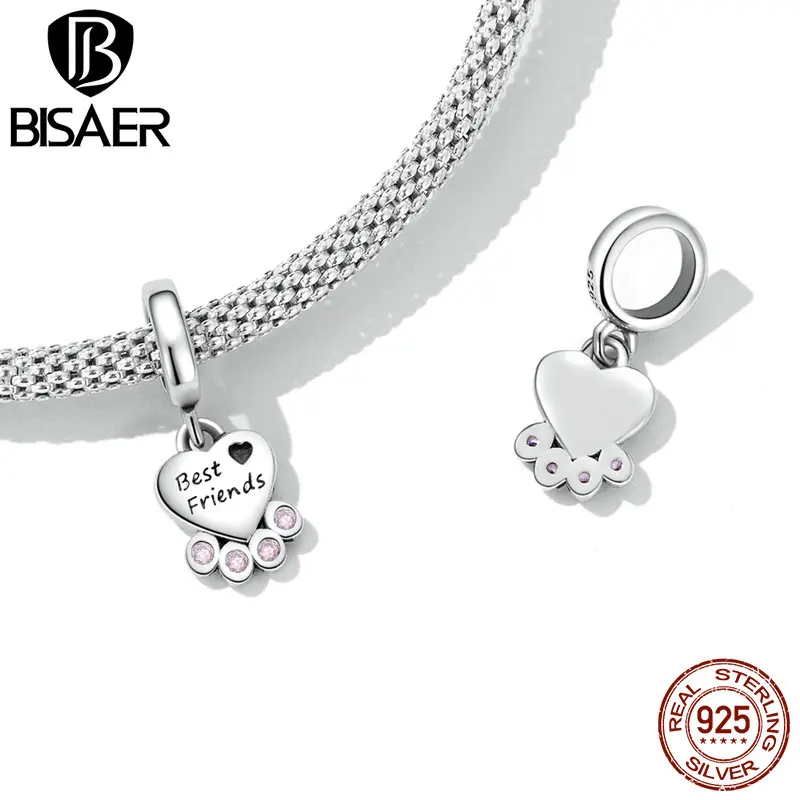 BISAER 925 Sterling Silver Dog Best Friend Charm Pink Cute Claw Plated Platinum Beads Fit DIY Bracelet Necklace Fine Jewelry