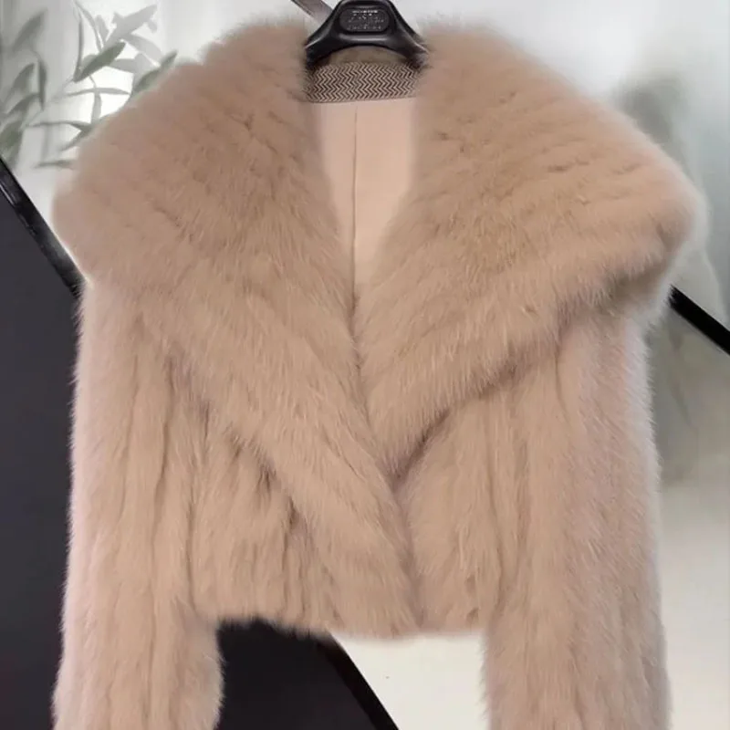 Fox-Like Fur Jacket Women Navy Car Collar Mao Mao Tops 2023 Autumn Winter New Warm Woven Fur-Like Jackets Female Short Overcoat