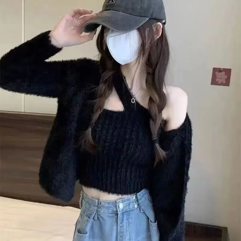 Knitted Sweater Cardigan Camisole Two-Piece Set For Women Sweet Style Comfortable Autumn And Winter New Design Suit