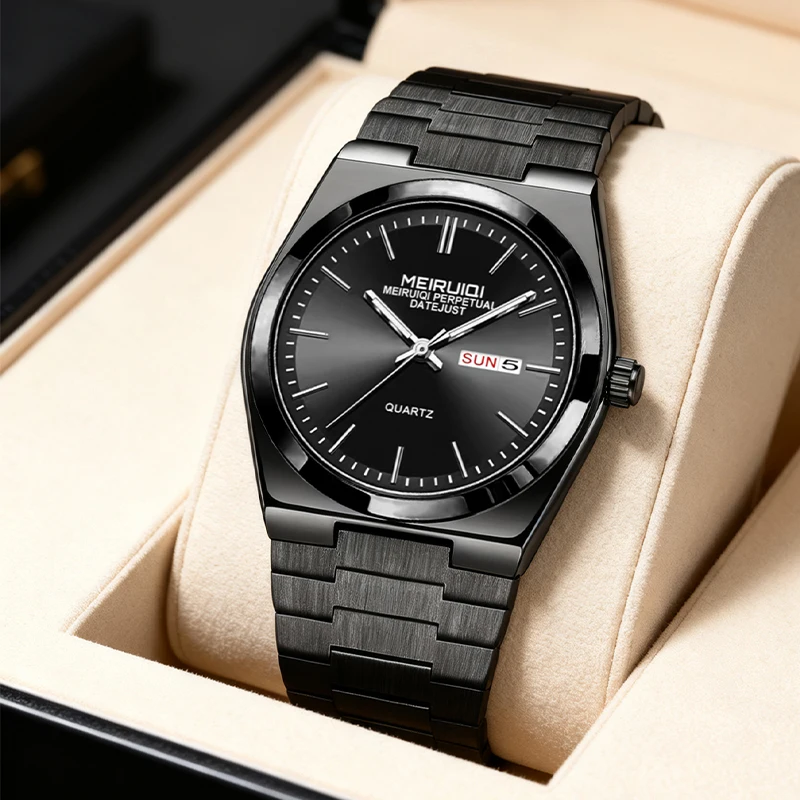 

A men's black minimalist casual date dual display strip stud scale quartz watch