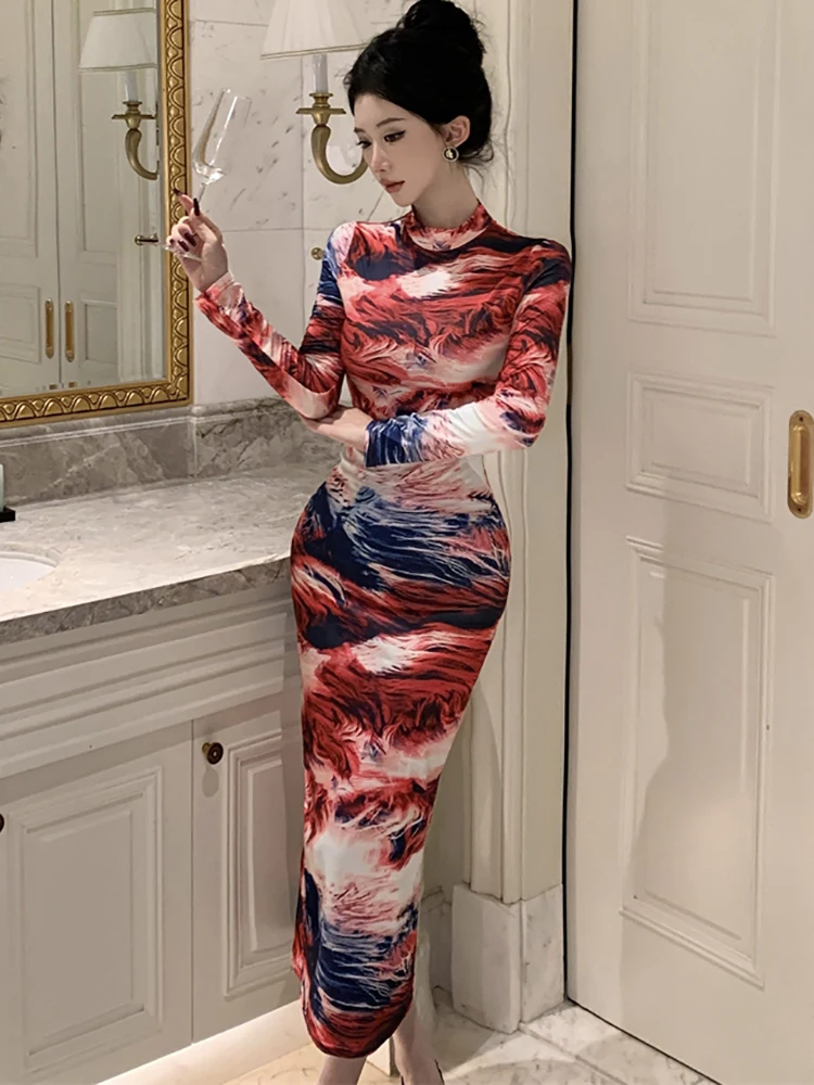 Vestido de manga larga con estampado degradado a la moda para mujer, vestido largo informal elegante para otoño e invierno, vestido de fiesta ajustado coreano para Festival 2025