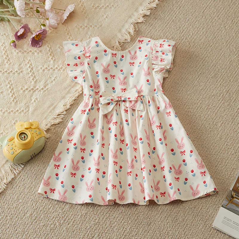 New Princess Girl Dress Cartoon Bunny Flower Print Casual Party dress Bow Toddler children\'s dress