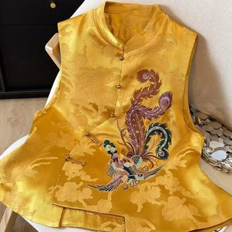 Retro Tang Suit Sleeveless Vest for Women Phoenix Embroidery Jacquard Pattern Mandarin Collar New Chinese Style Qipao Outerwear