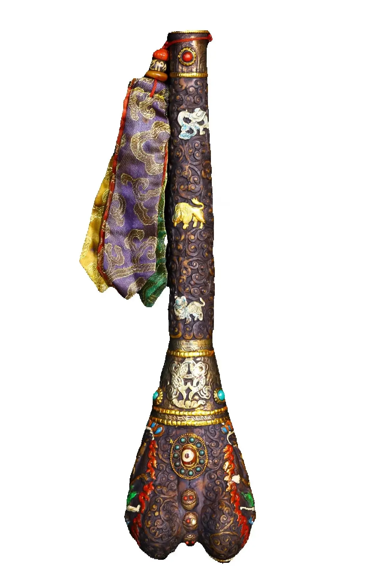 13' Old Xizang Folk Collection Old Yak Bone Mosaic Gem GZi Beads Kangling Trumpet Buddha Horn Amulet Dharma Bone Flute Town Hous