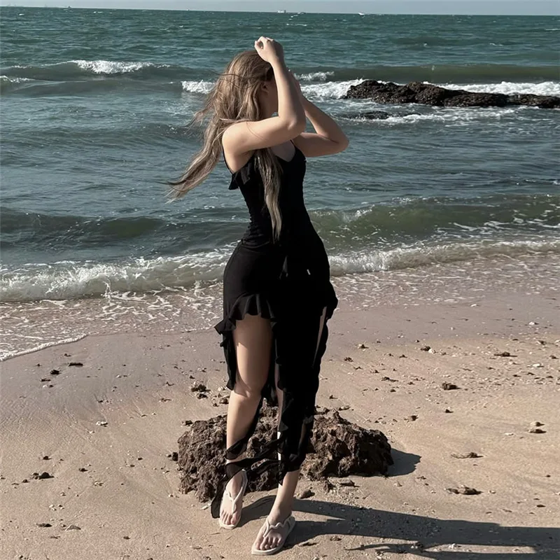 

Fashion 2025 Spring New Women's Sexy Spicy Girl Bareback Irregular Design Ruffle Strap Dress