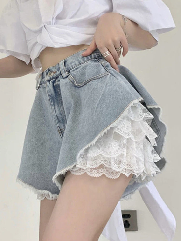 

ADAgirl Blue Lace Denim Shorts Women Y2k Fashion Loose High Waist Korean Style Causal A-line Jeans Streetwear Retro Summer Pants